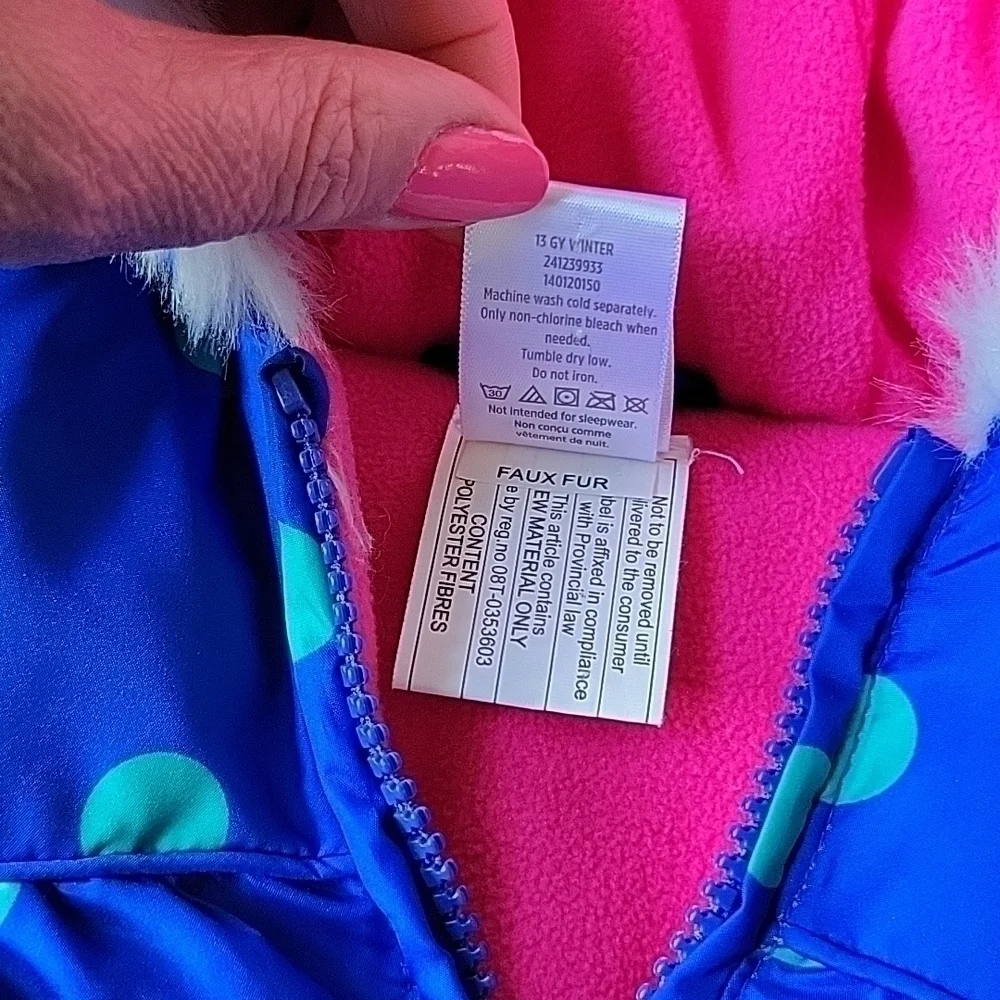 Gymboree Winter Toddler Polka Dot Puffy Electric Blue Jacket Hood Faux Fur
